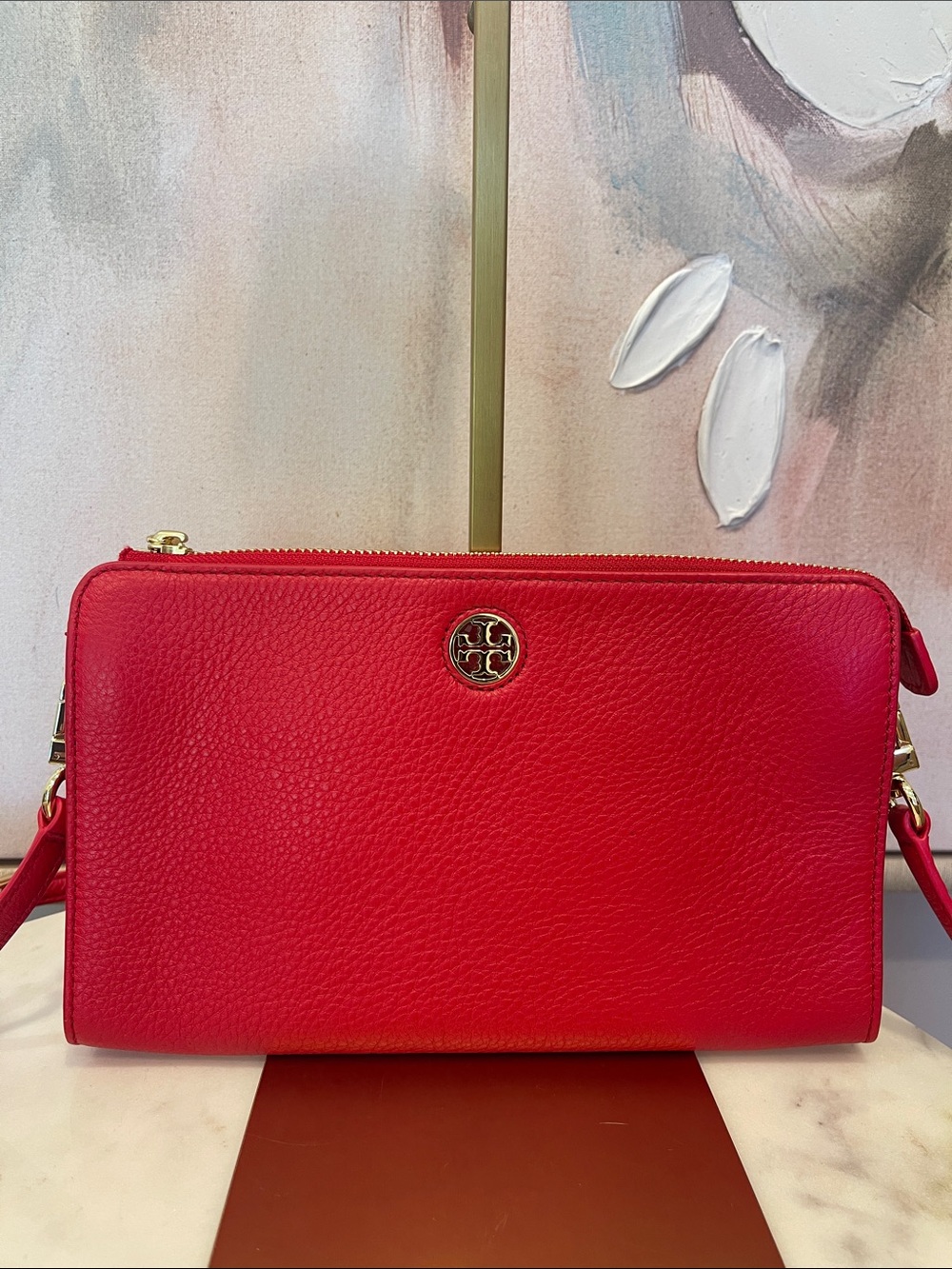 Tory Burch Red Pebbled Leather Crossbody with Gold Logo